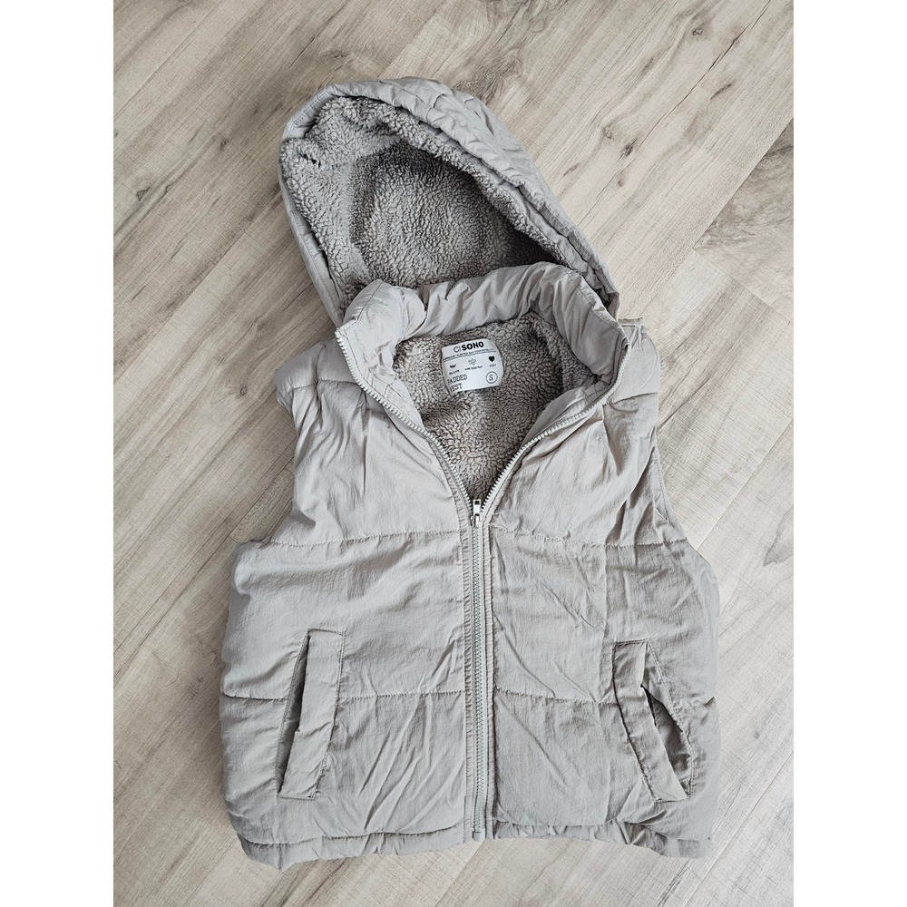 Ci Sono Womens Padded Puffer Vest Sherpa Lined Hooded Taupe Small